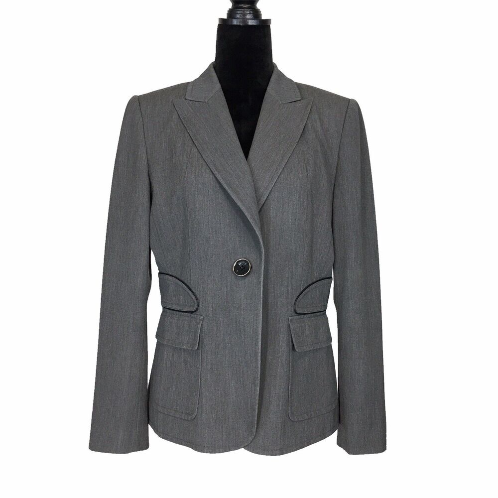 Tahari Levine Blazer 10 Gray Black‎ Trim Pocket Suit Jacket Business Career